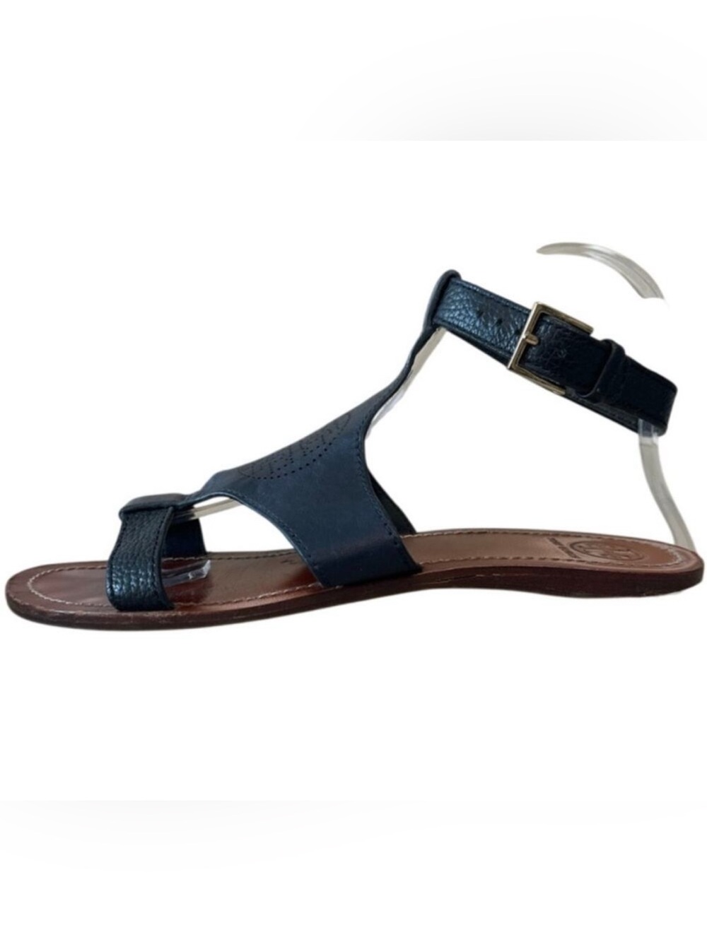 Tory Burch Perforated Logo T-Strap Sandals Navy Black 8